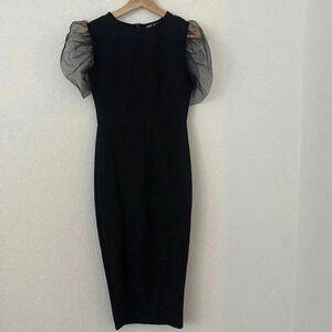 Shein | Black Body Con Midi Dress with Puff Sleeves | Sz S/ US 4